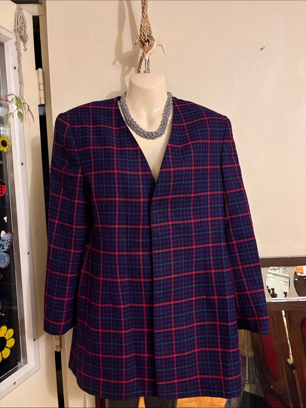 Jeremy Scott Navy and Fuchsia Plaid Open-Front Blazer Jacket100. Wool